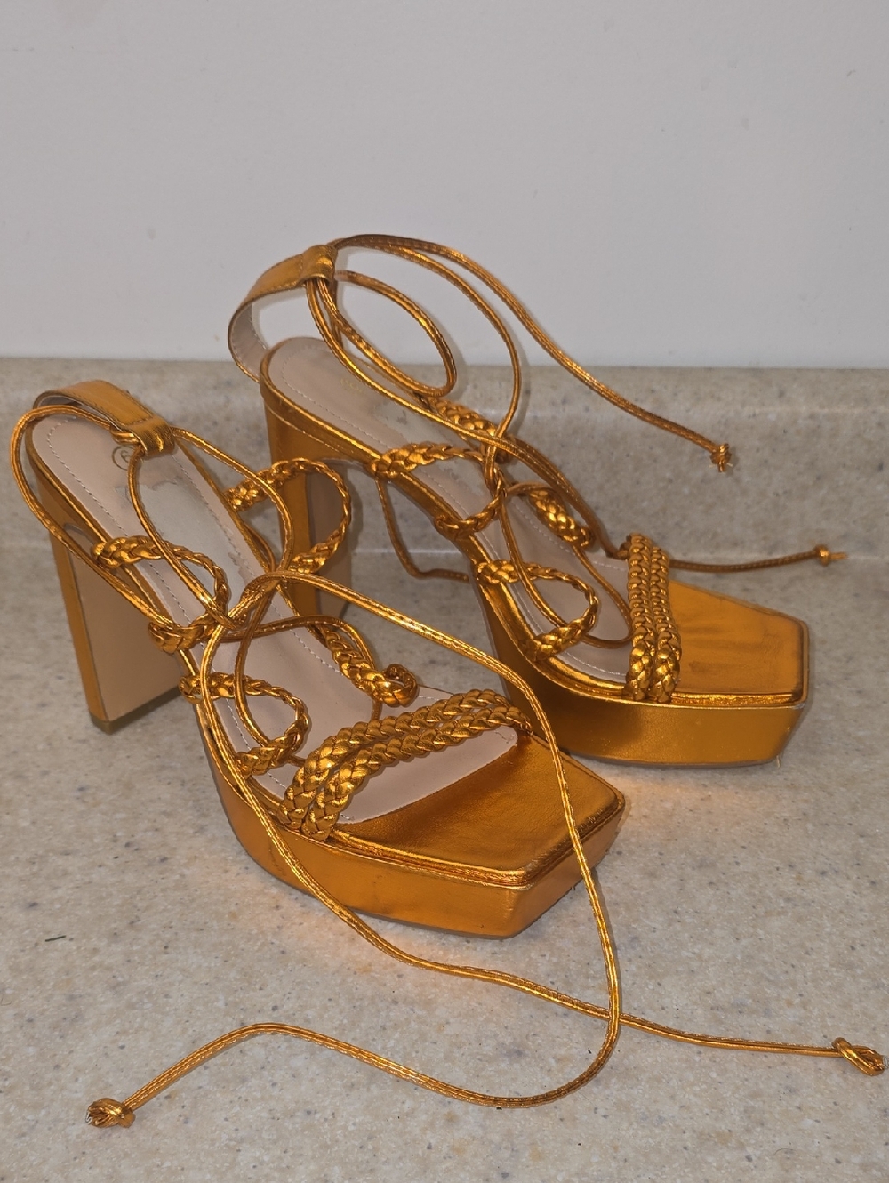 Copper Gold Strappy Platform Heeled Sandals - 6